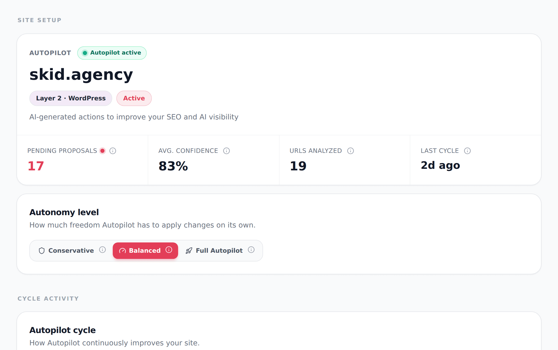 Skid Autopilot dashboard for skid.agency: proposals, autonomy dial, and cycle strip
